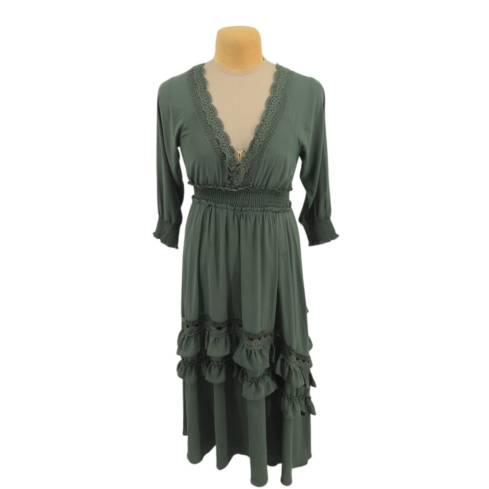 Baltic Born Green Tiered Maxi Dress Lace V-Neck Smocked L Cottagecore Peasant